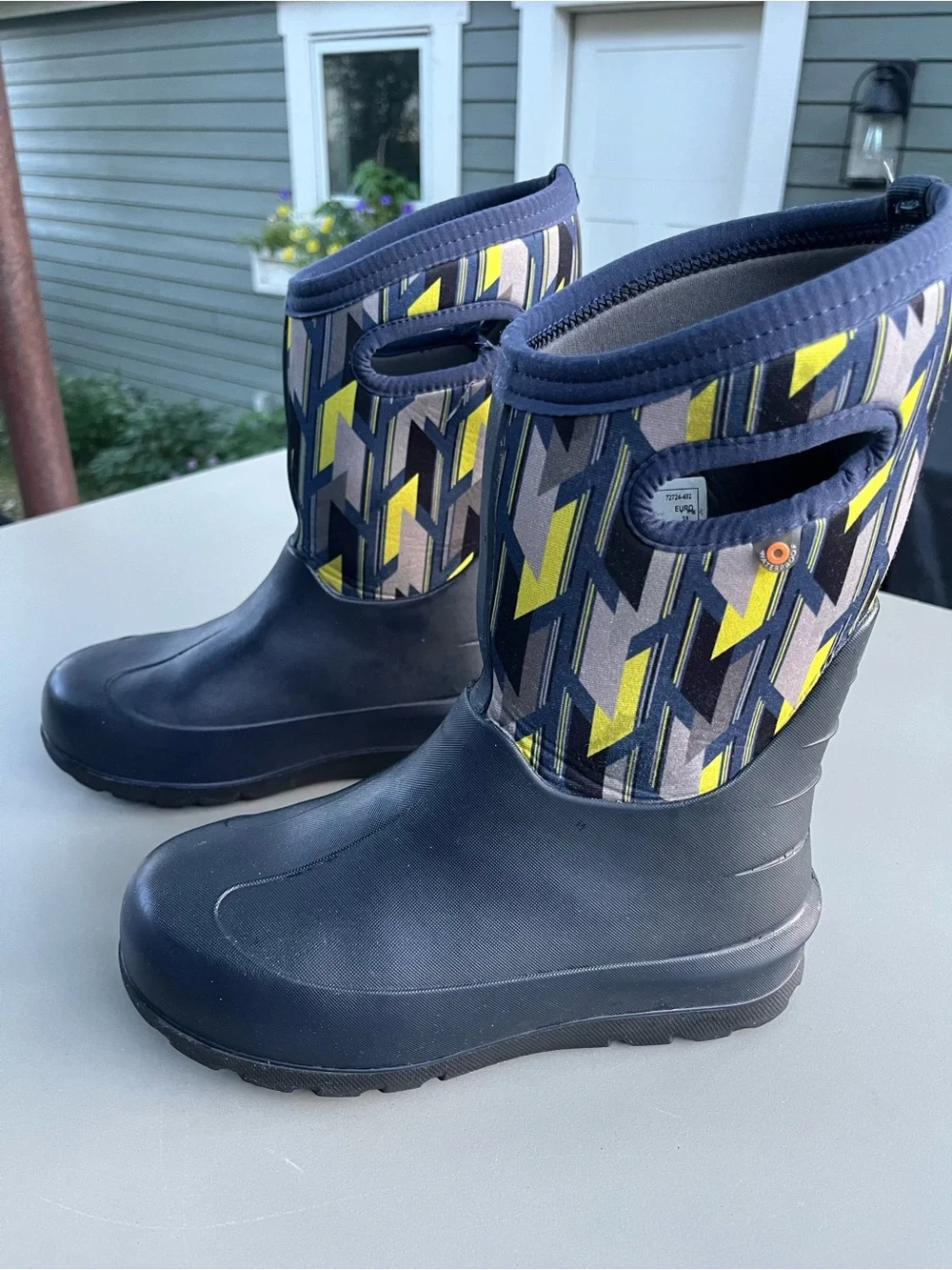 Bogs Kids Navy, Yellow & Gray Geometric Waterproof Boots